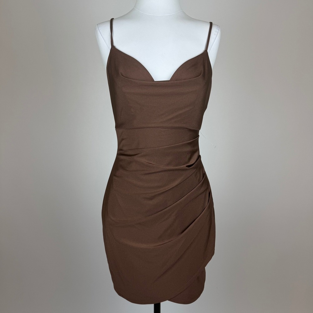 NWD City Triangles Brown Satin Ruched Strappy Mini Cocktail Club Dress Sz Medium